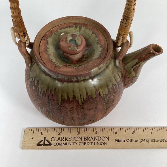 Vintage Earthenware Teapot With Rattan Handle, Glaze Drip EUC - Picture 12 of 13